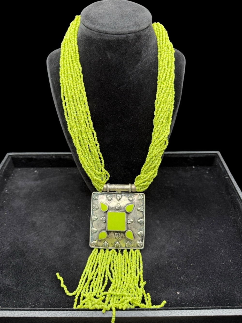 Handmade Beaded Lime Green Statement Necklace with Silver Pendant